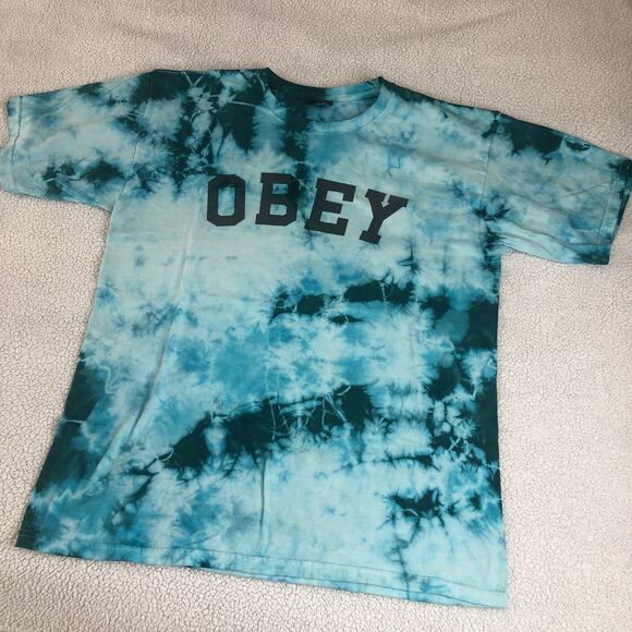 Obey reworked hand tie dyed teal ocean theme tshirt large - Picture 1 of 4
